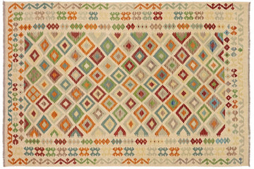 Flat Weave Kilim, Antique, Navaho, Vintage, Handmade, Geometric Kilim Beige Blue Hand-Woven Rectangle 100% Wool Area Rug 7 x 10